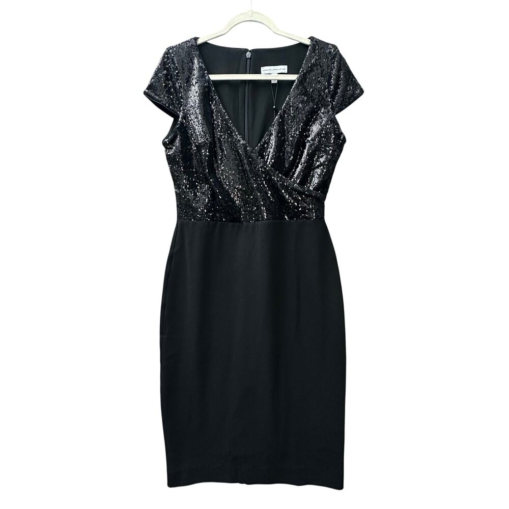 Women’s Size Large Formal Dress - Black Sequined Surplice Cap Sleeve Midi